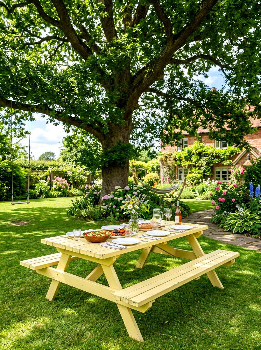 Pale Yellow Picnic Tables - 30 butter yellow patio decor ideas