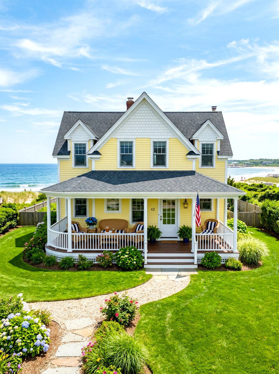 Pale Yellow Siding With White Shingle Accents - 30 mixed siding exterior ideas