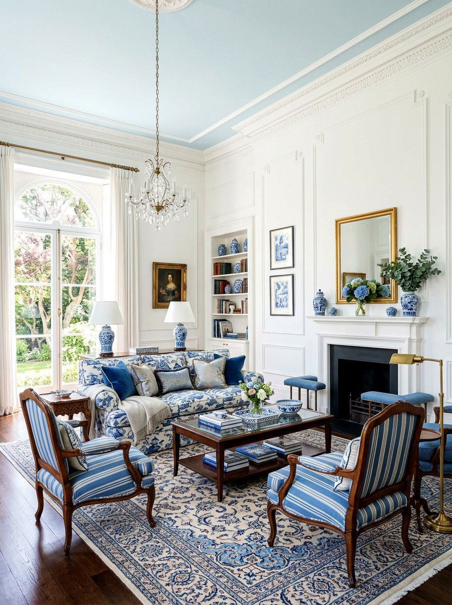 Pale blue ceiling - 30 blue and white living room decor ideas