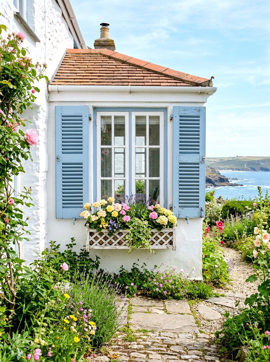 Pale blue shutters - 30 shutters and flower box ideas