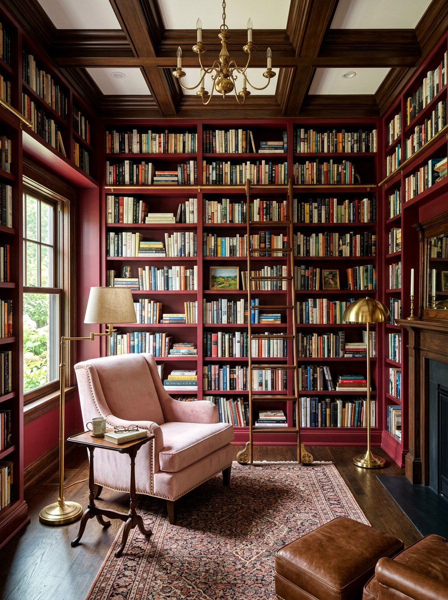 Pale pink and wine red library - 30 pink and red home decor ideas
