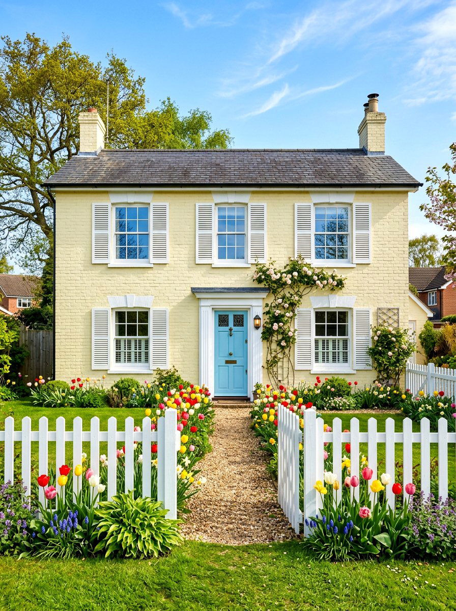 Pale yellow painted brick house - 30 painted brick house ideas