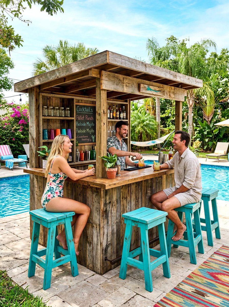 Pallet Wood Pool Bar - 30 poolside bar ideas