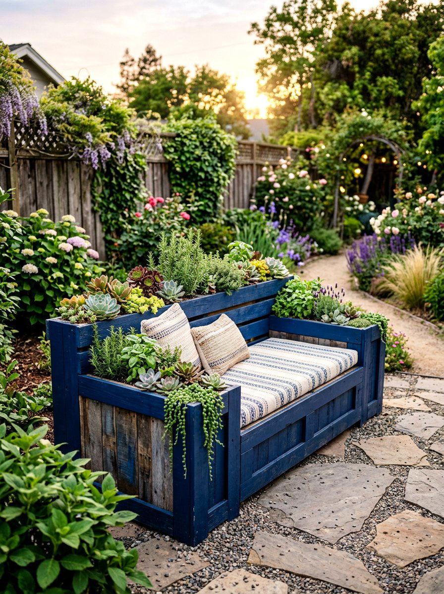 Pallet planter bench - 30 patio bench with planter ideas