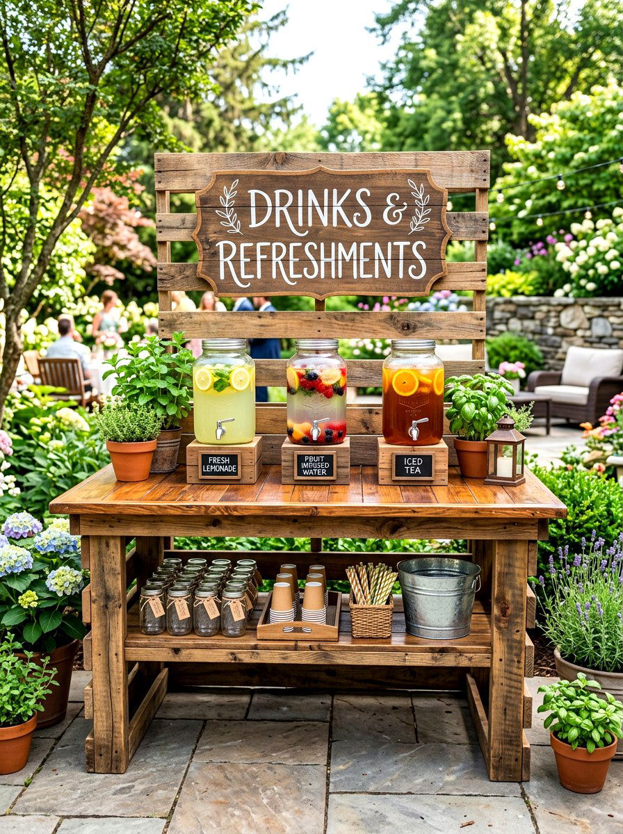 Pallet wood drink station - 30 lemonade patio party ideas