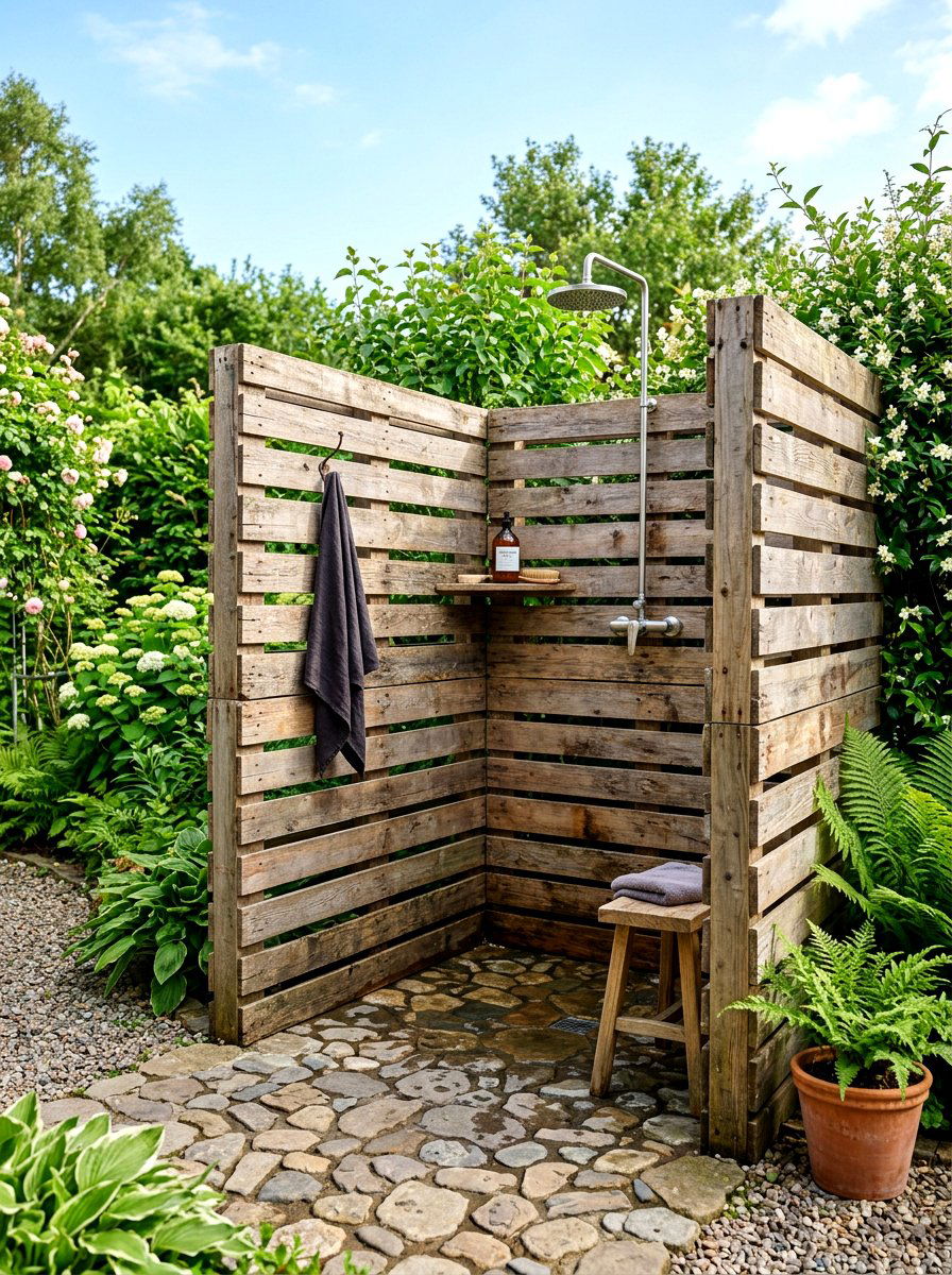 Pallet wood shower fence - 30 outdoor shower privacy ideas