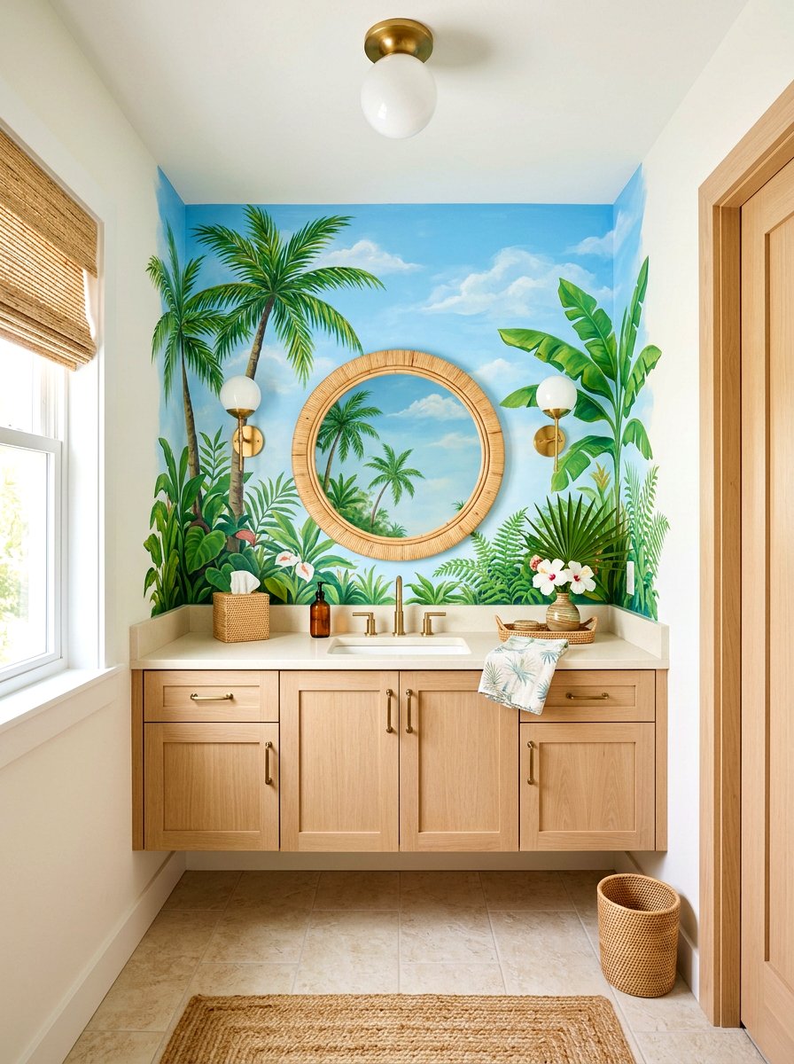 Palm Tree Tropical Mural - 30 landscape mural powder room ideas