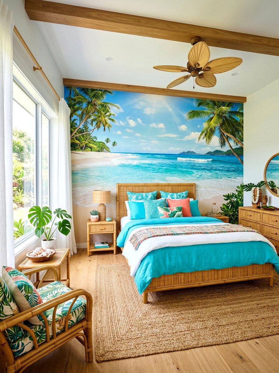 Palm tree beach wall mural - 30 landscape mural bedroom ideas