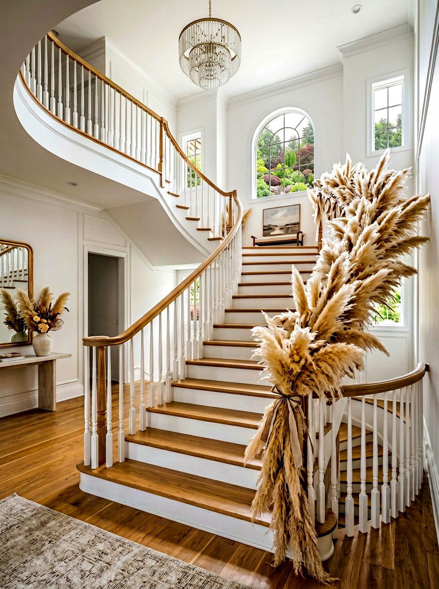 Pampas grass staircase floral display - 30 pampas grass decor ideas