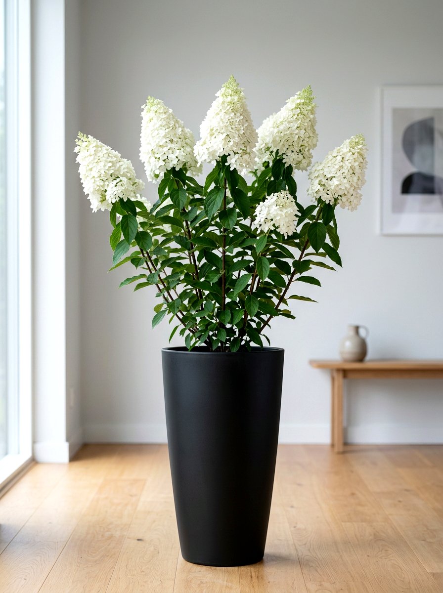 Panicle Hydrangea In Tall Black Planter - 30 hydrangea porch planter ideas