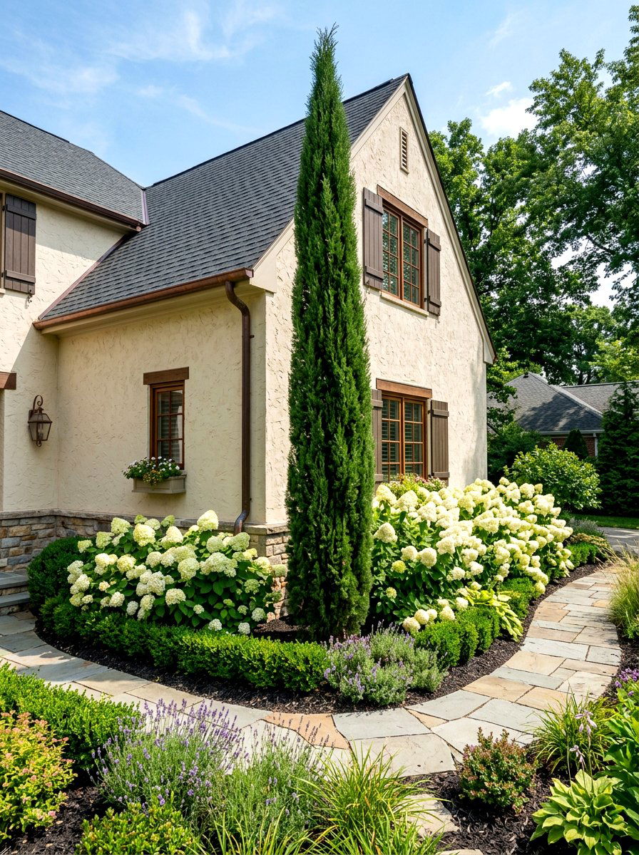 Panicle hydrangea and cypress corner bed - 30 evergreen and hydrangea landscape ideas