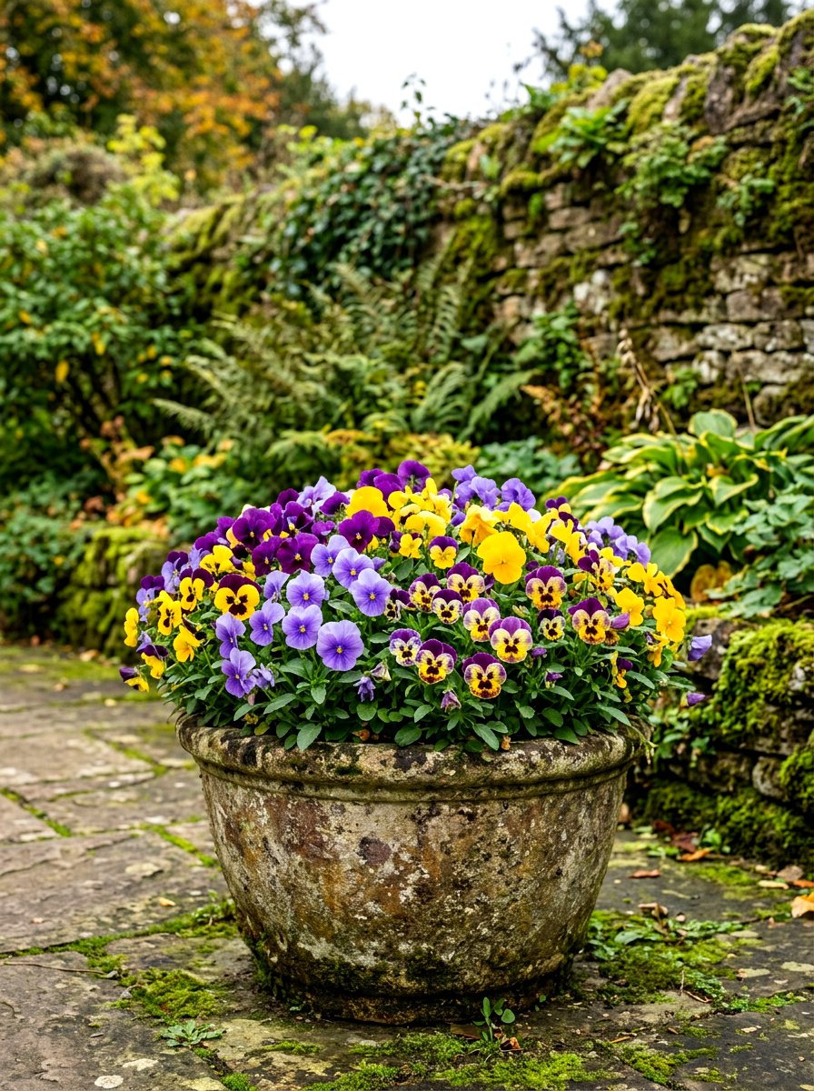Pansy and viola fall garden pot - 30 autumn planter ideas