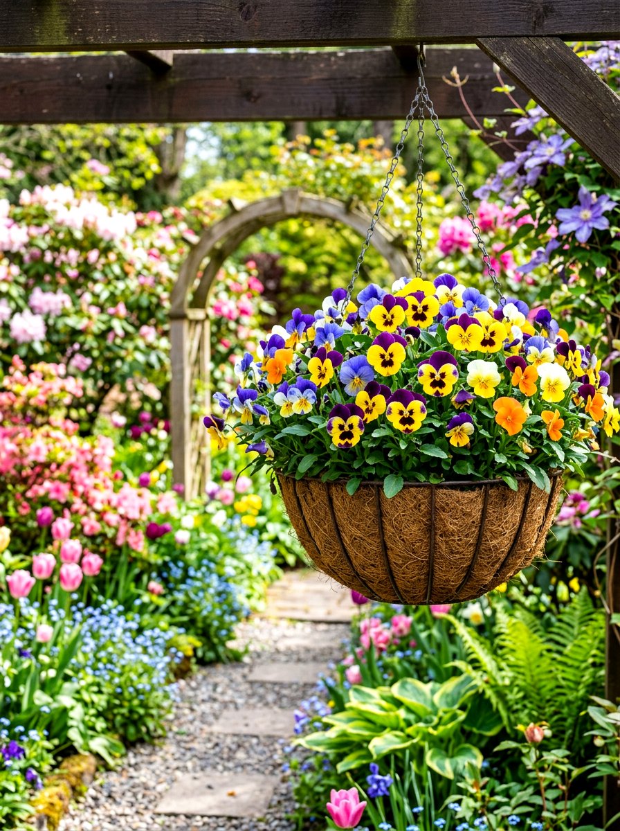 Pansy hanging flower basket - 30 hanging flower basket ideas
