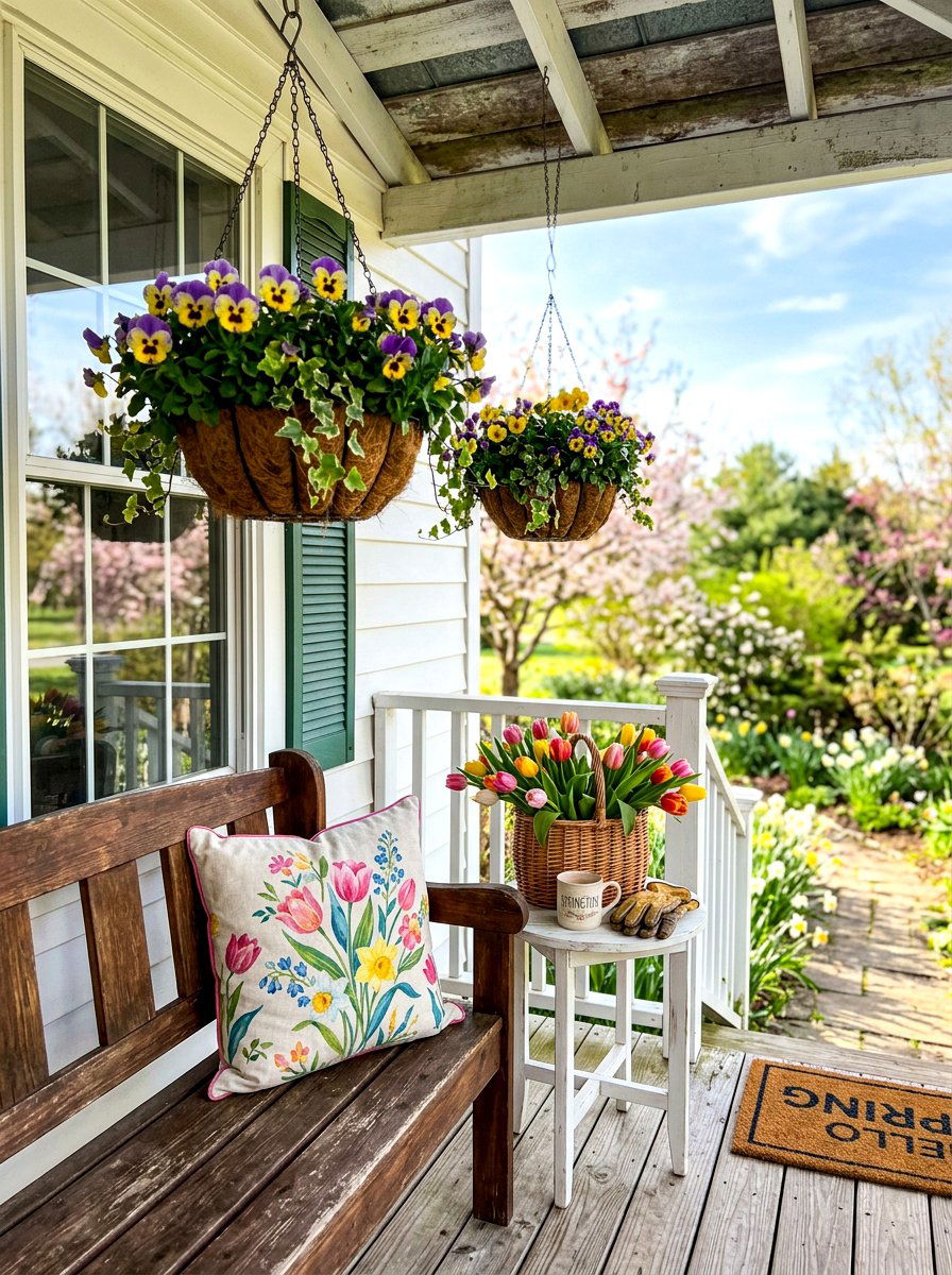 Pansy spring basket - 30 porch floral basket ideas
