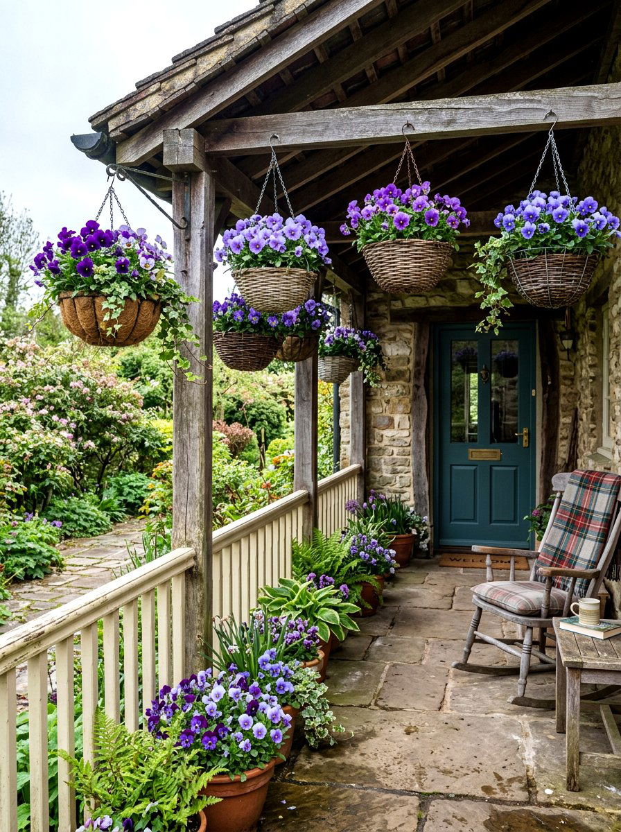 Pansy viola basket - 30 porch floral basket ideas