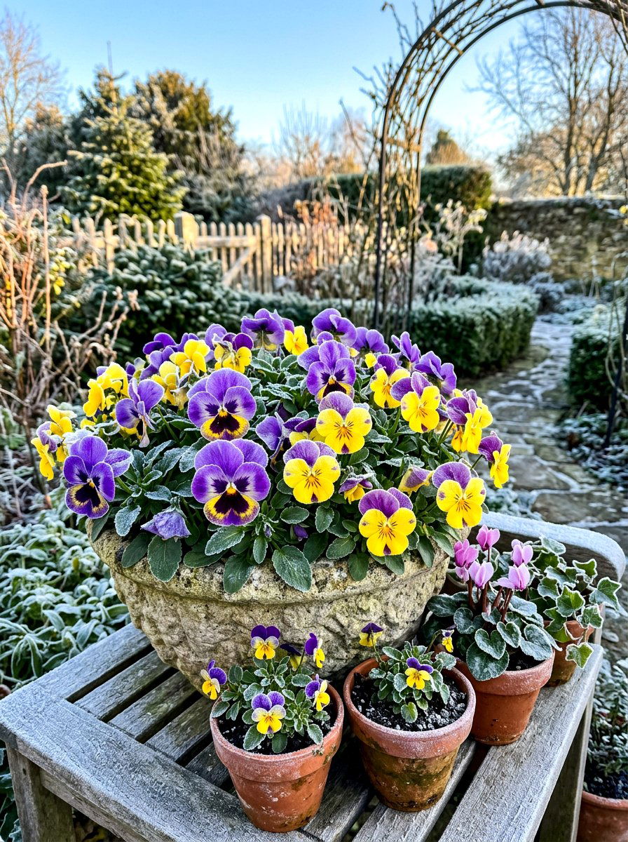 Pansy winter planter - 30 balcony cut flower garden ideas