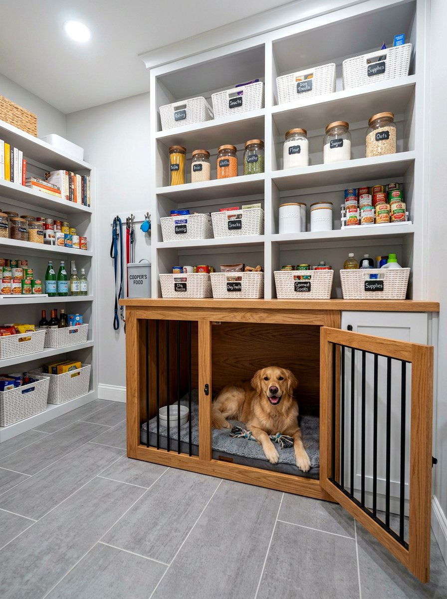 Pantry Dog Kennel Station - 30 built in dog crate ideas