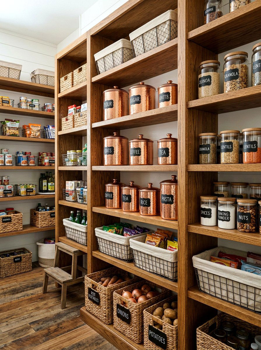 Pantry Organization With Copper Canisters - 30 copper kitchen accent ideas