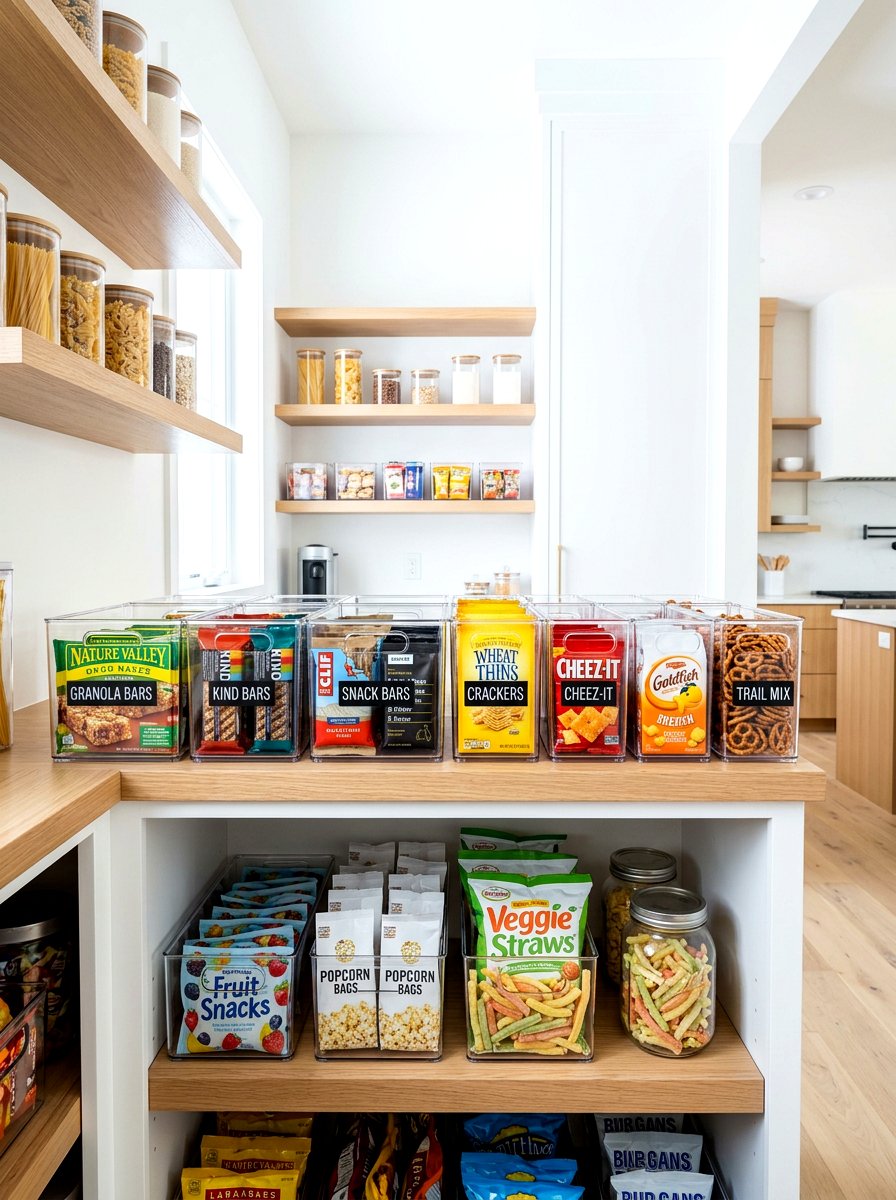 Pantry Snack Station - 30 clear bin organization ideas