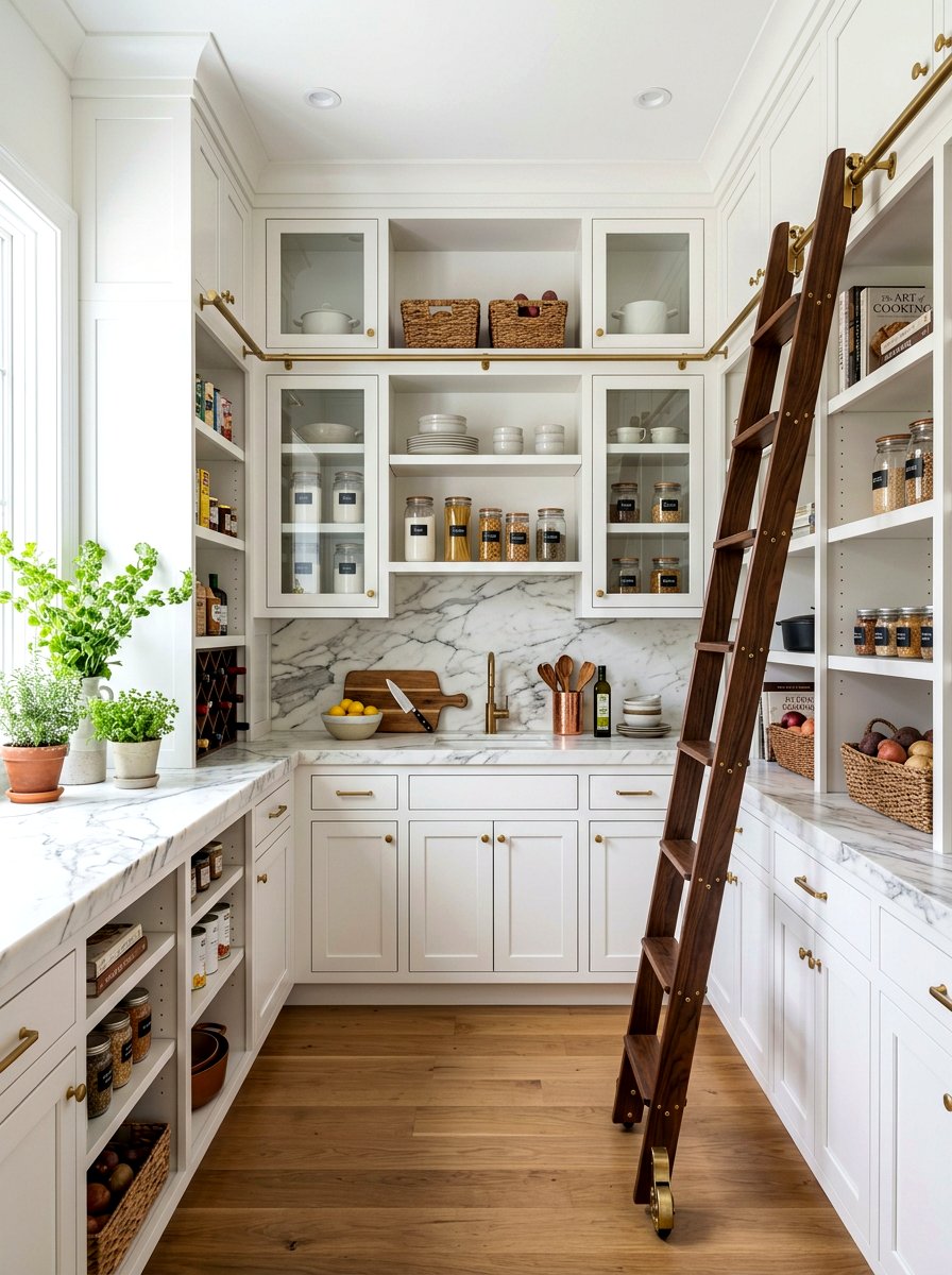Pantry With Ladder And Marble Counters - 30 pantry with library ladder ideas