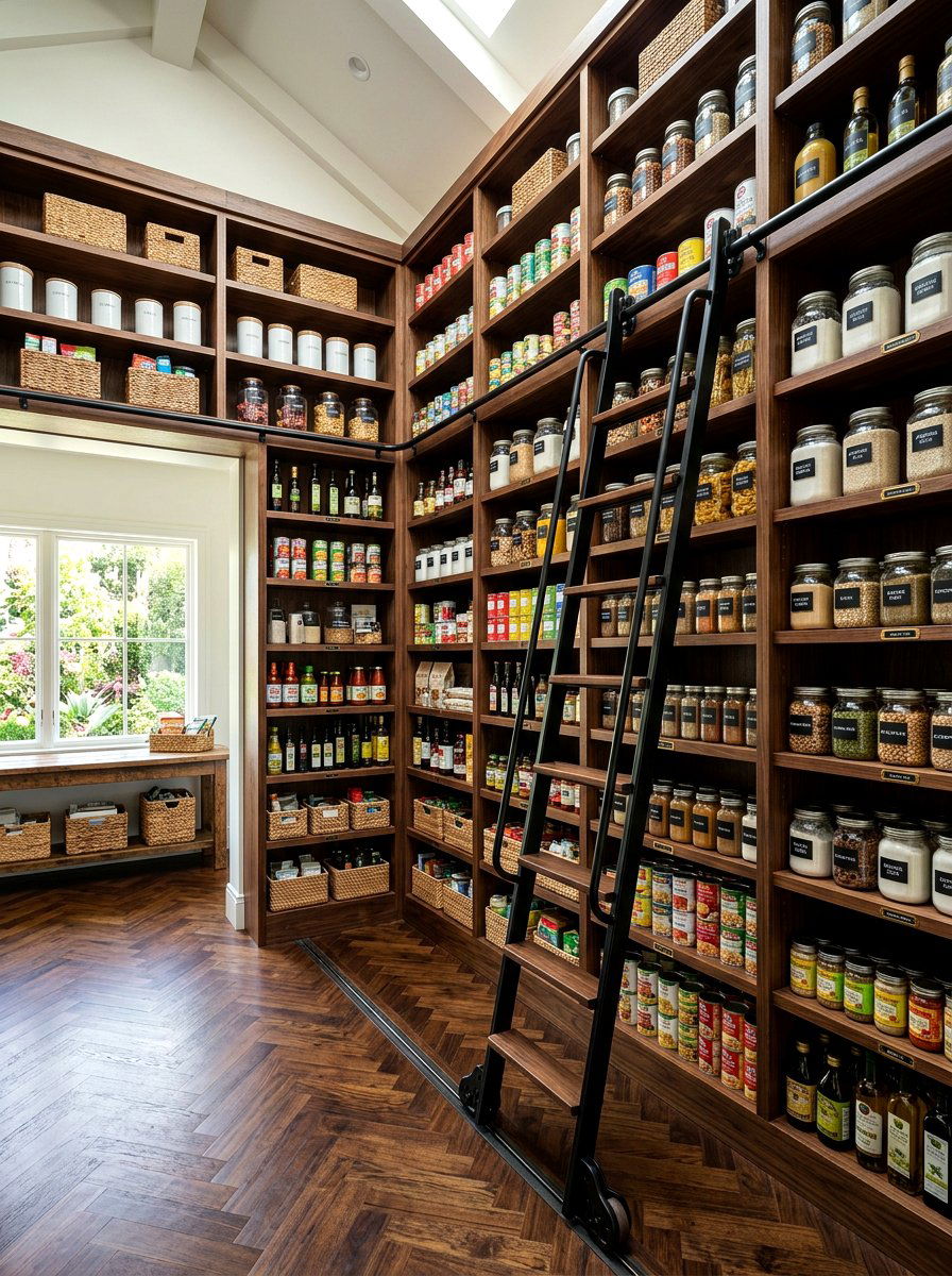 Pantry open shelves with ladder - 30 pantry with open shelving ideas