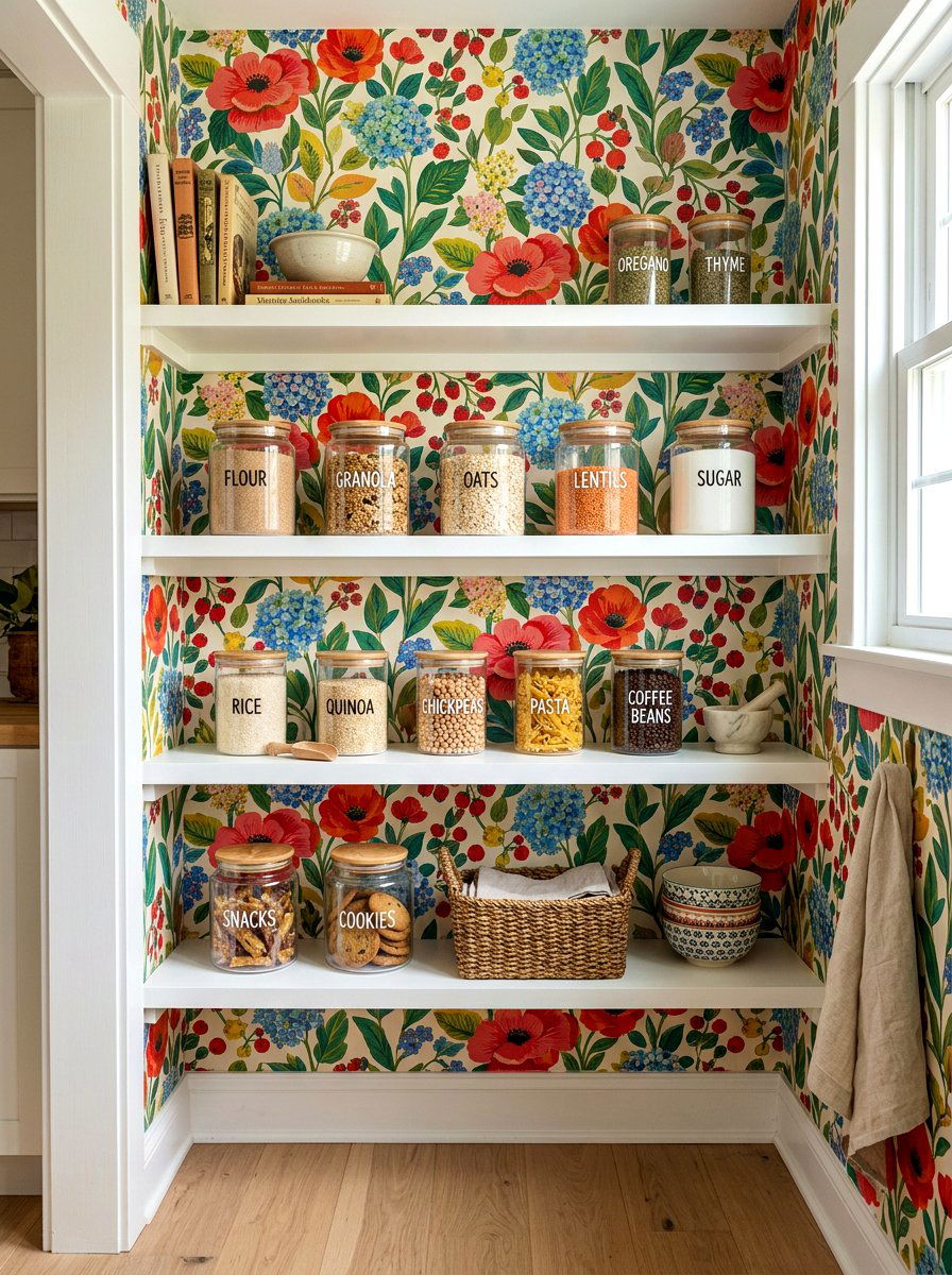 Pantry shelves with wallpaper background - 30 pantry with open shelving ideas