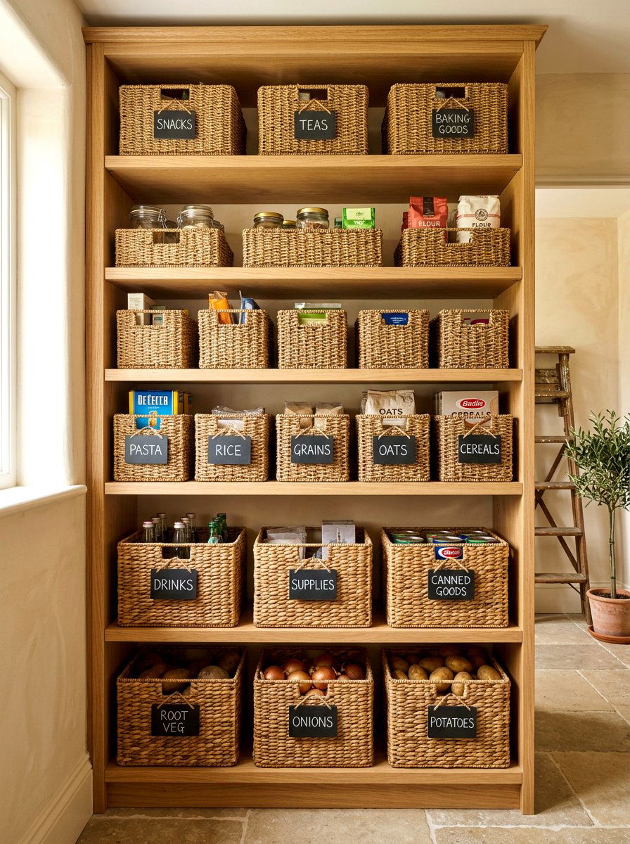 Pantry shelves with wicker baskets - 30 pantry with open shelving ideas