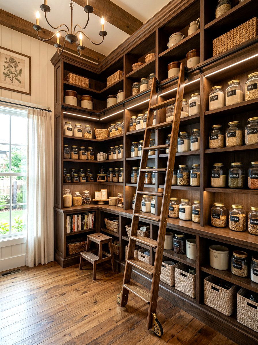 Pantry shelving with ladder - 30 farmhouse pantry shelving ideas