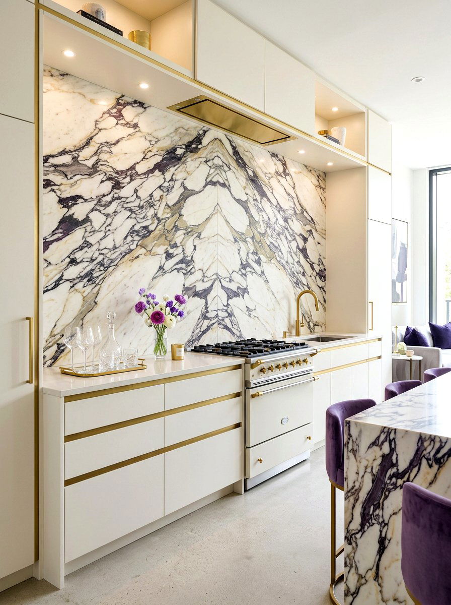 Paonazzo marble slab backsplash - 30 slab stone backsplash ideas