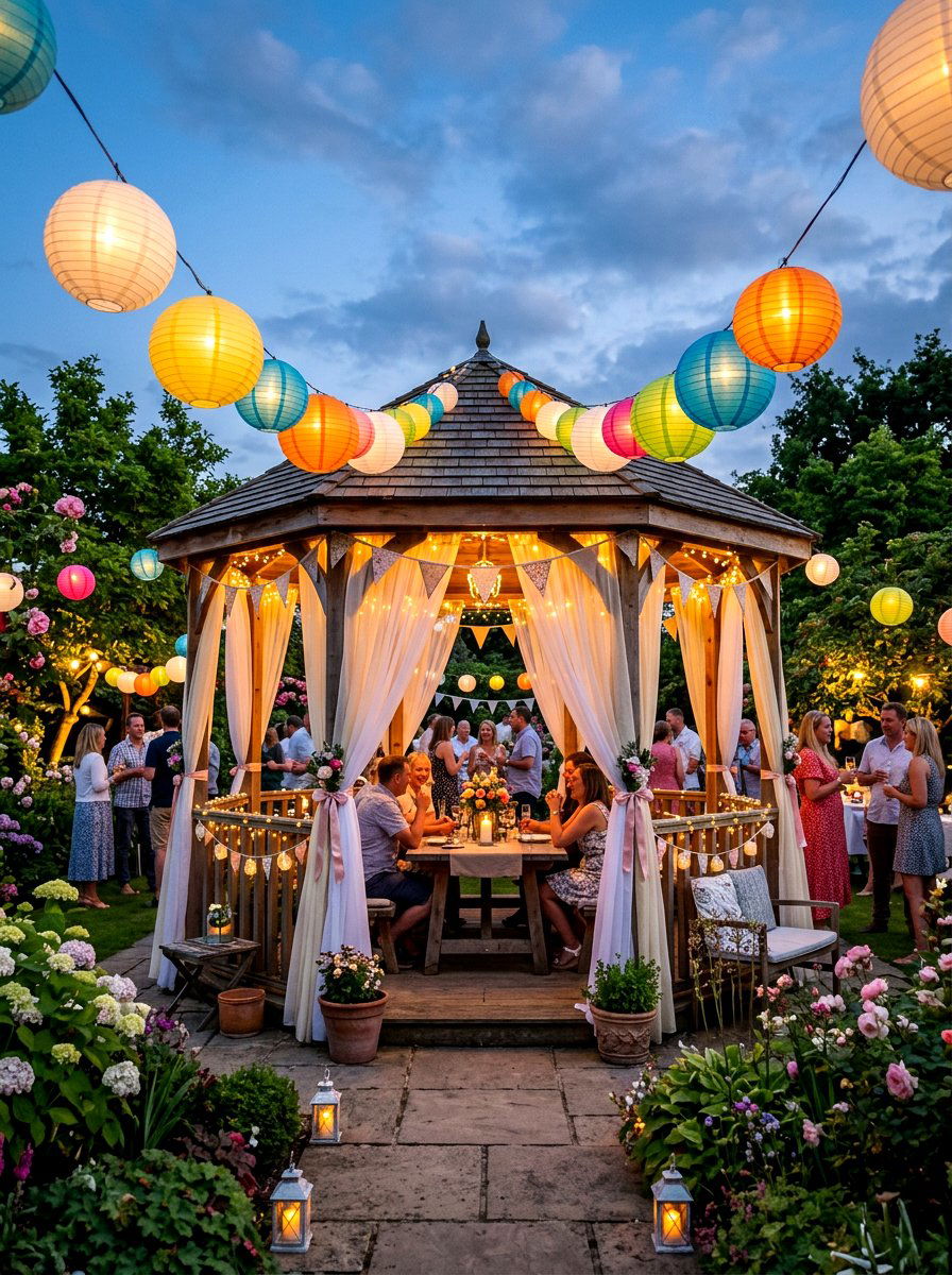 Paper Lanterns With Summer Drapes - 30 gazebo curtain lighting ideas