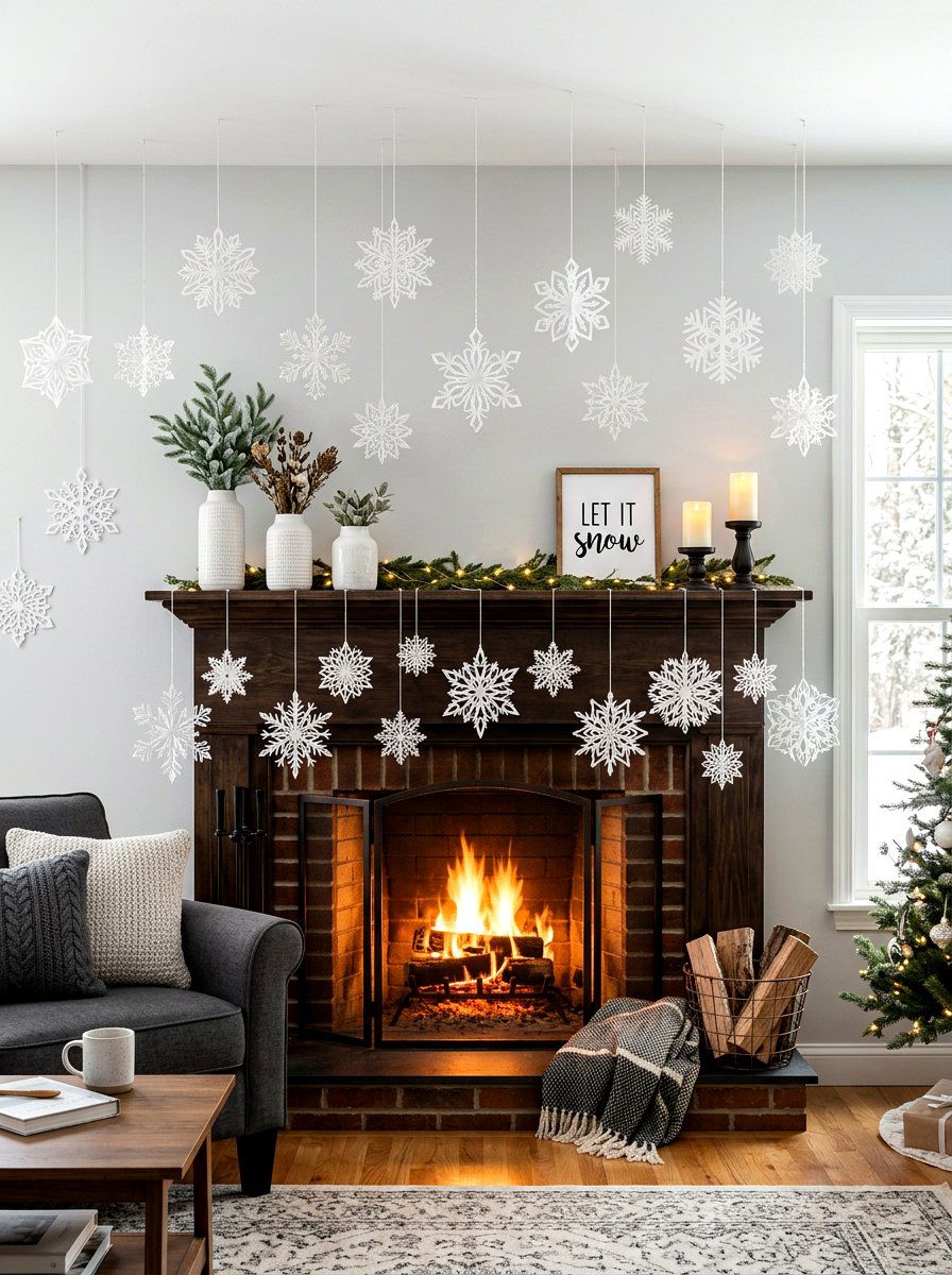 Paper Snowflake Mantel - 30 winter mantel decor ideas