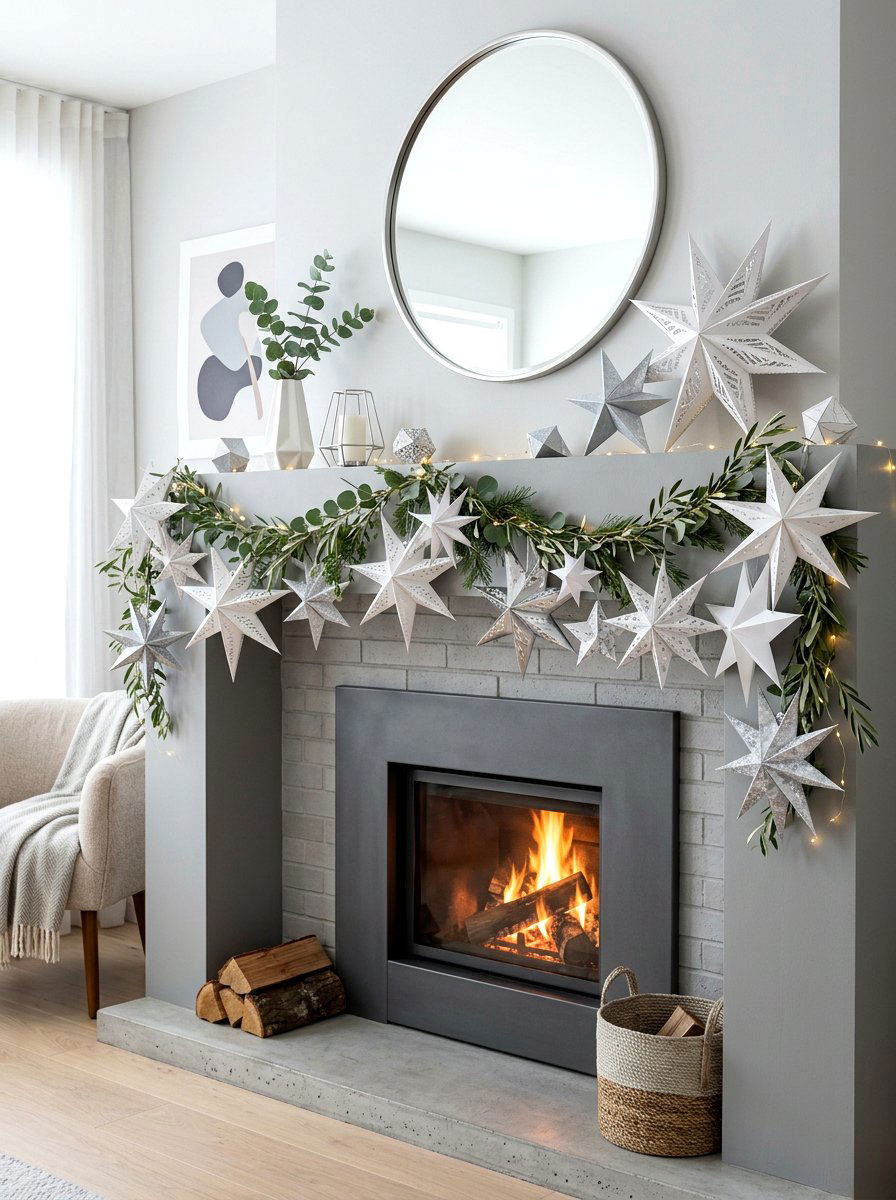 Paper Star Mantel - 30 holiday mantel garland ideas