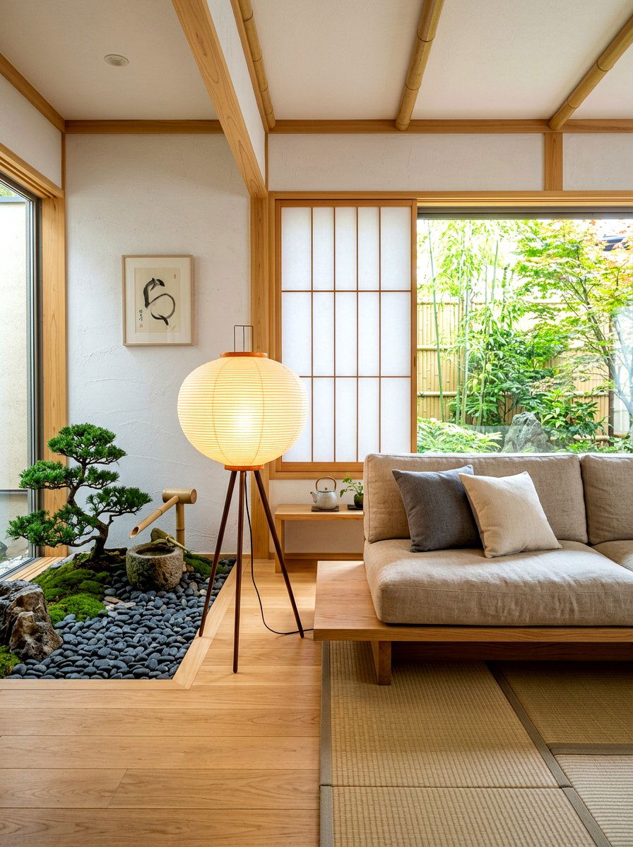 Paper lantern floor lamp - 30 cozy lamp lit living room ideas