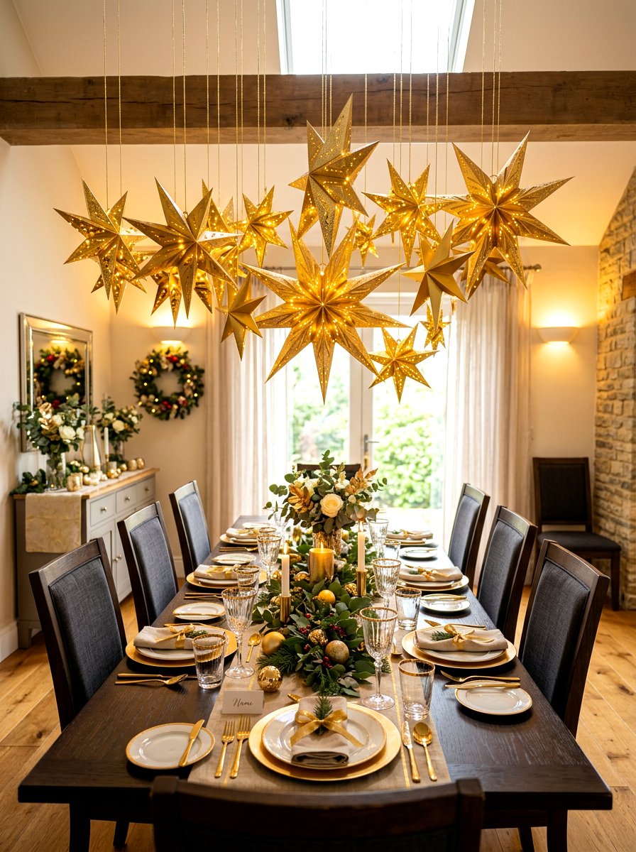 Paper star hanging decor over table - 30 New Year table decor ideas