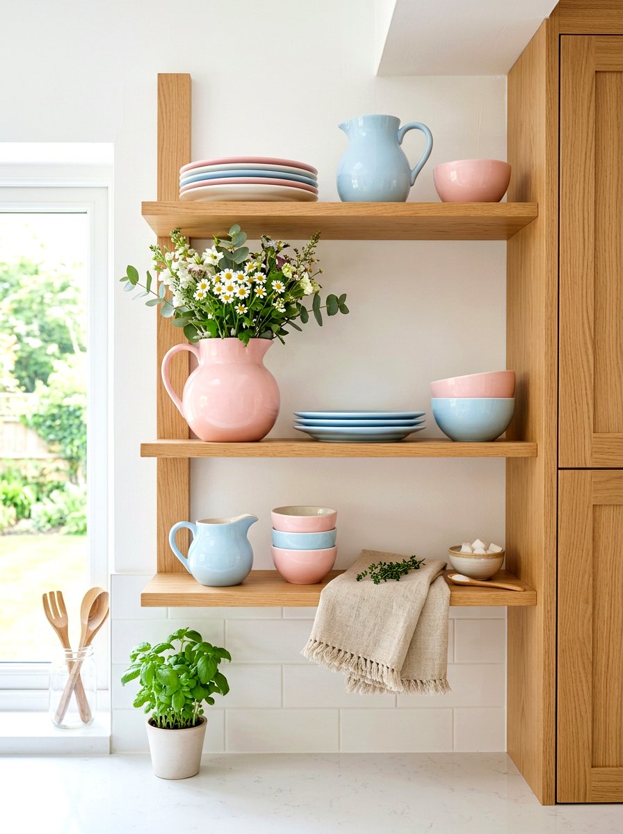 Pastel Ceramic Shelf - 30 seasonal shelf decor ideas