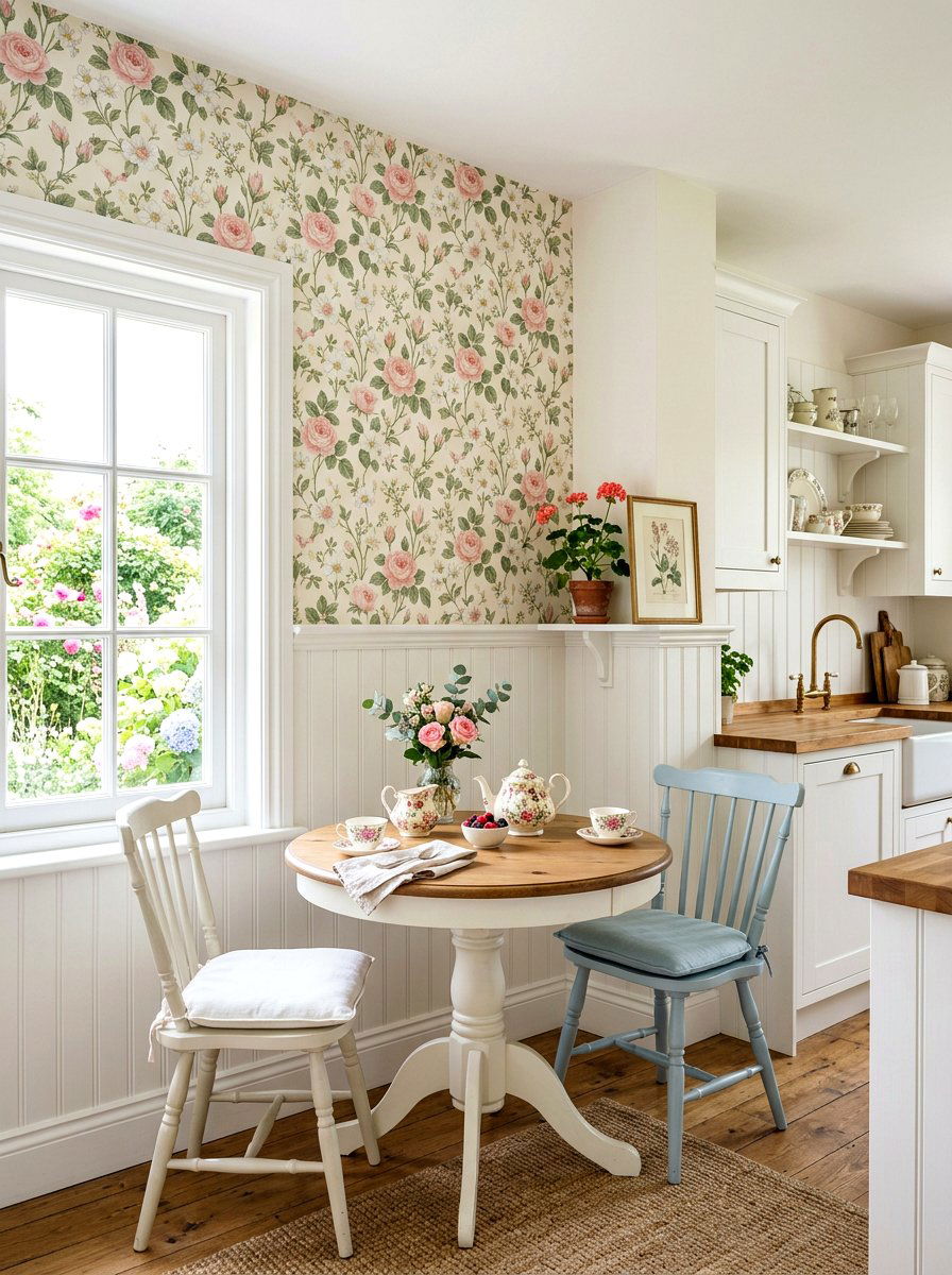 Pastel Floral Wallpaper Accent - 30 English cottage kitchen ideas