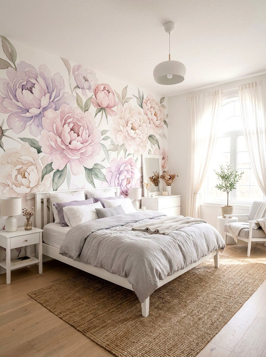 Pastel Flower Mural - 30 romantic floral bedroom ideas