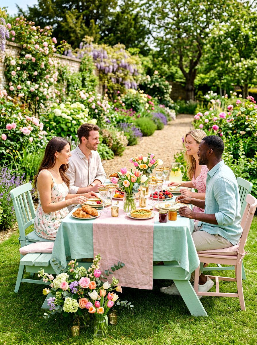 Pastel Garden Picnic Table - 30 outdoor picnic table decor ideas