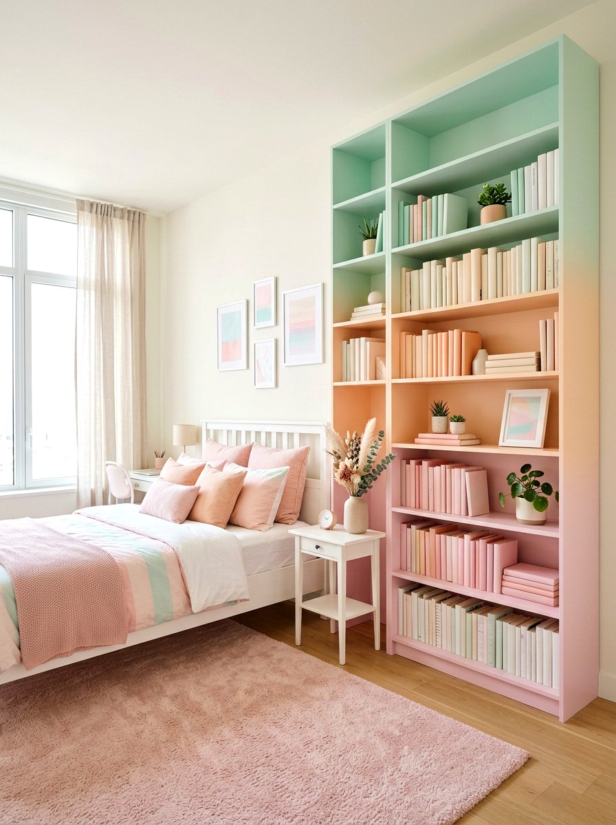 Pastel Gradient Bookshelf - 30 real bookshelf decor ideas