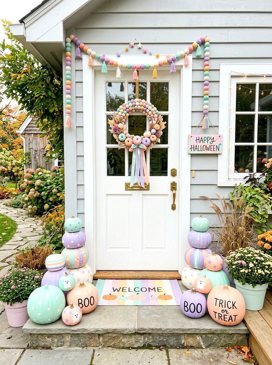 Pastel Halloween Front Door - 30 Halloween porch ideas