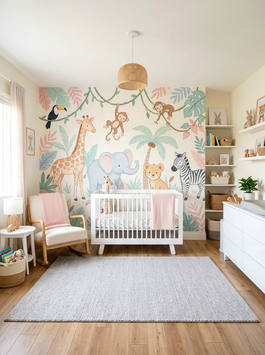 Pastel Jungle Safari Mural - 30 safari wall mural nursery ideas