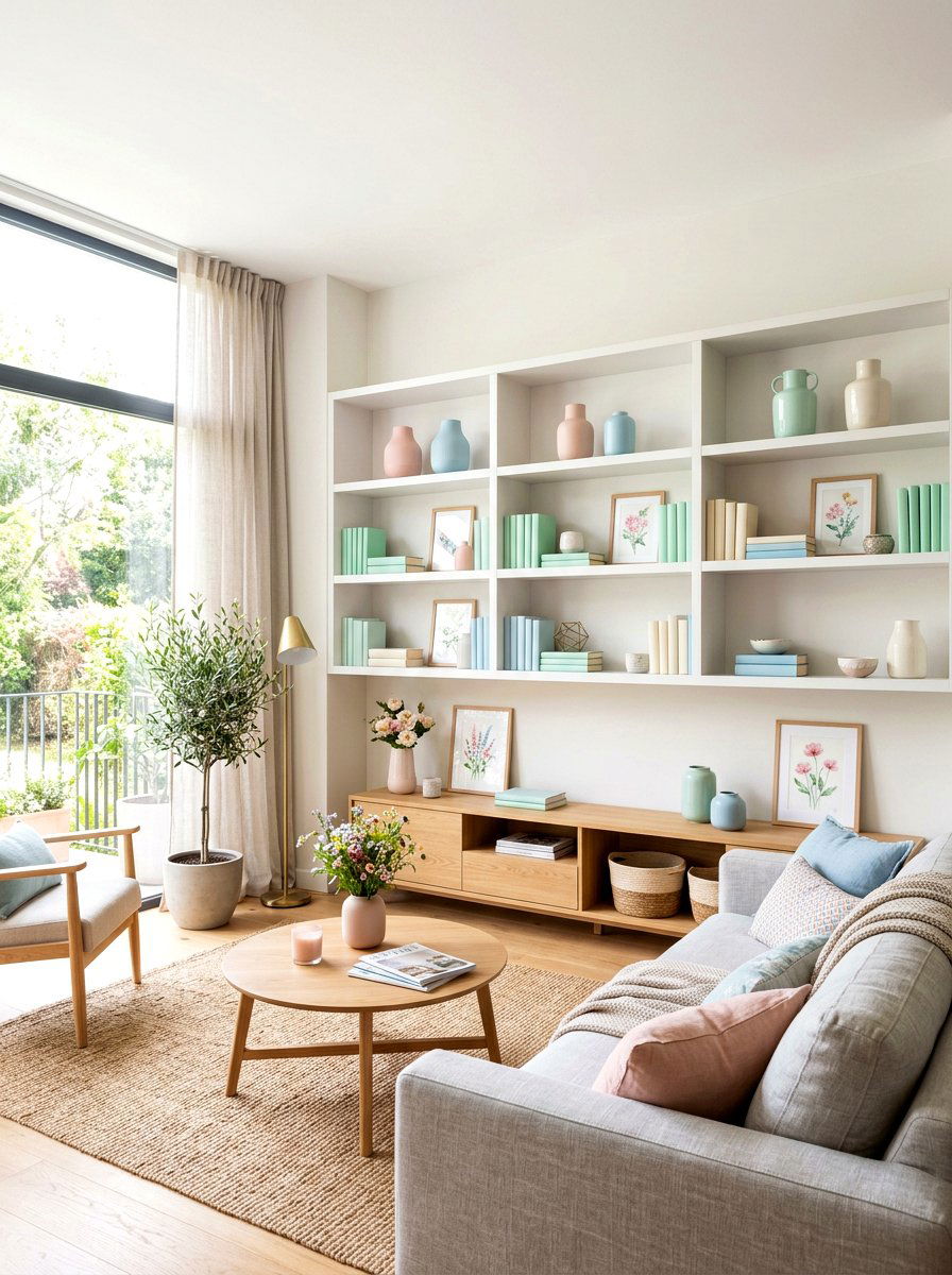 Pastel Living Room Shelving - 30 spring shelf styling ideas aesthetic