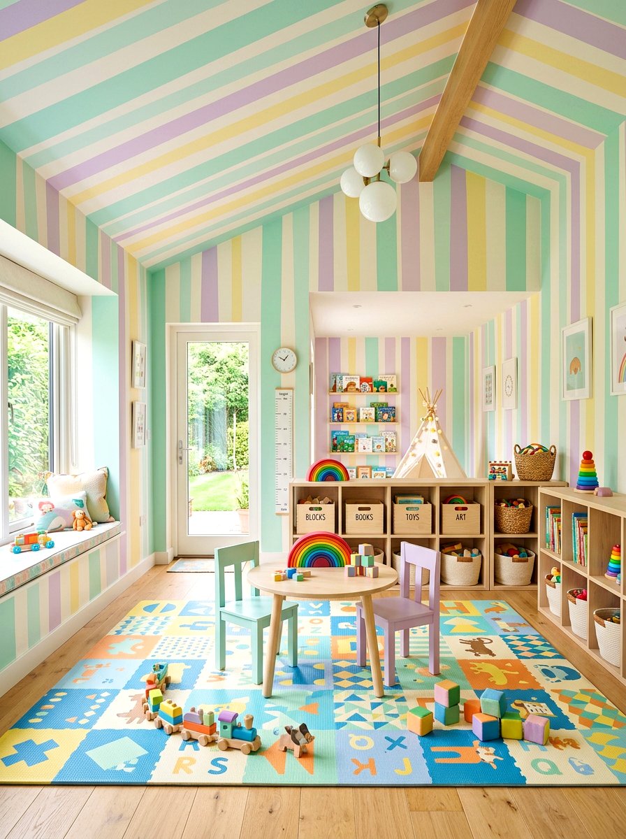 Pastel Multi Stripe Playroom - 30 stripe drench room ideas