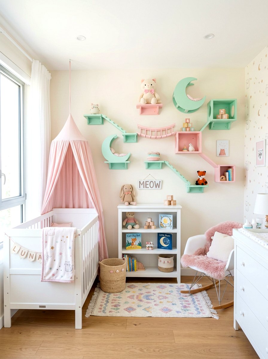 Pastel Nursery Cat Shelf Wall - 30 cat shelf wall ideas