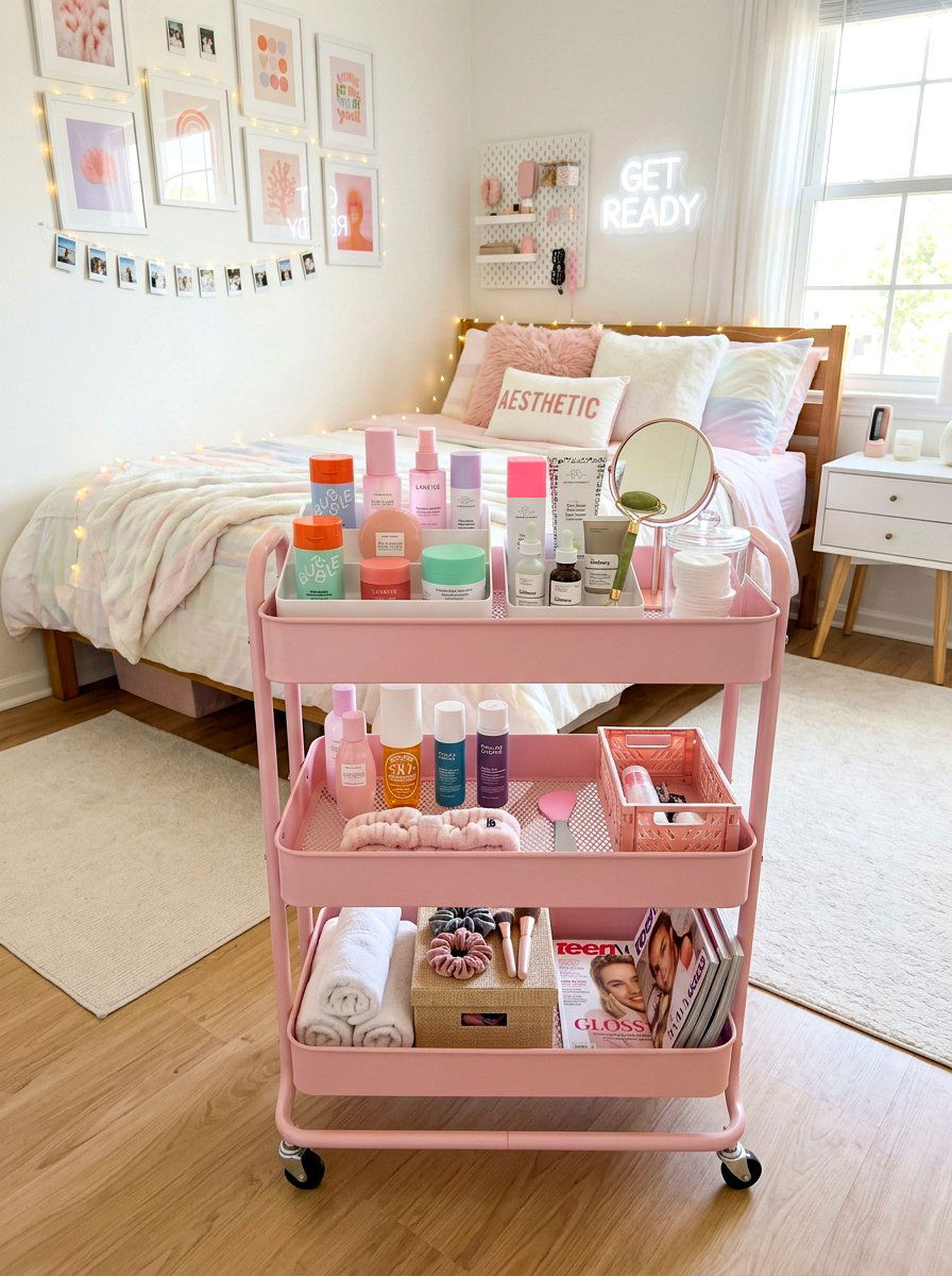 Pastel Pink Cart For Skincare And Makeup - 30 beauty cart organization ideas