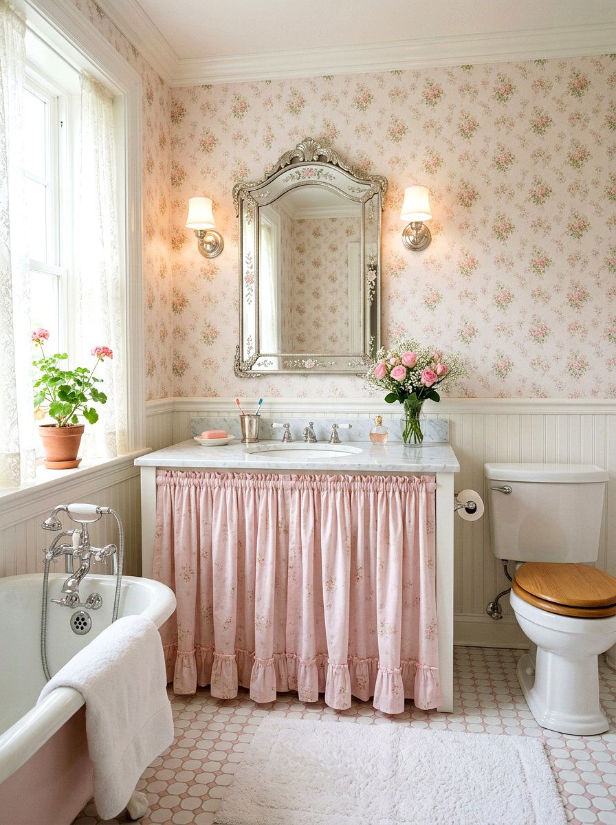 Pastel Pink Gathered Skirt - 30 skirted vanity ideas