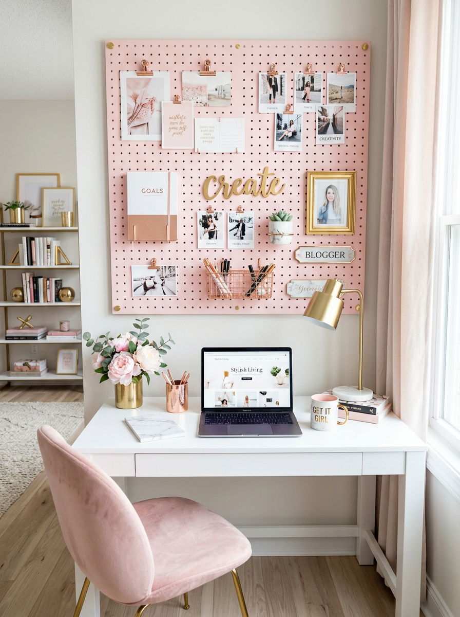 Pastel Pink Pegboard - 30 office pegboard ideas