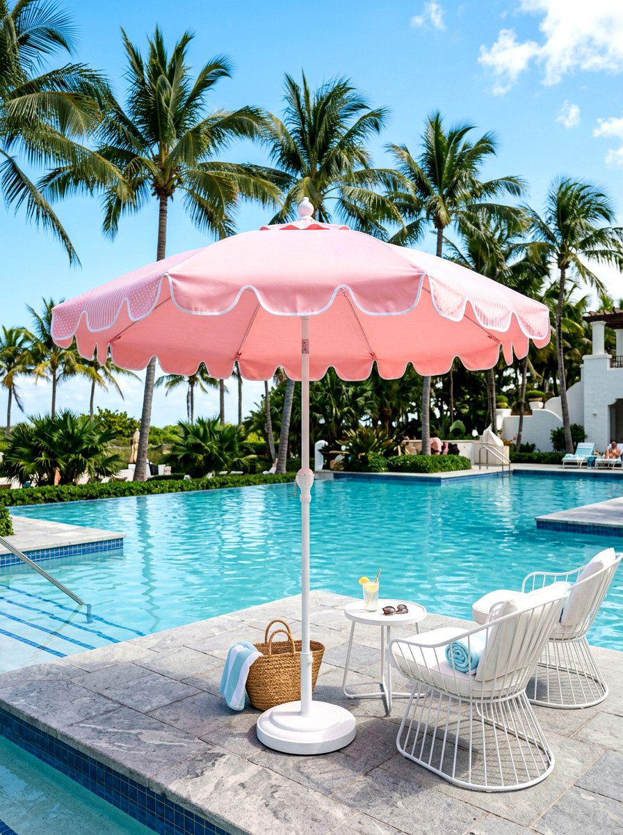 Pastel Pink Pool Umbrella - 30 poolside umbrella lounge ideas