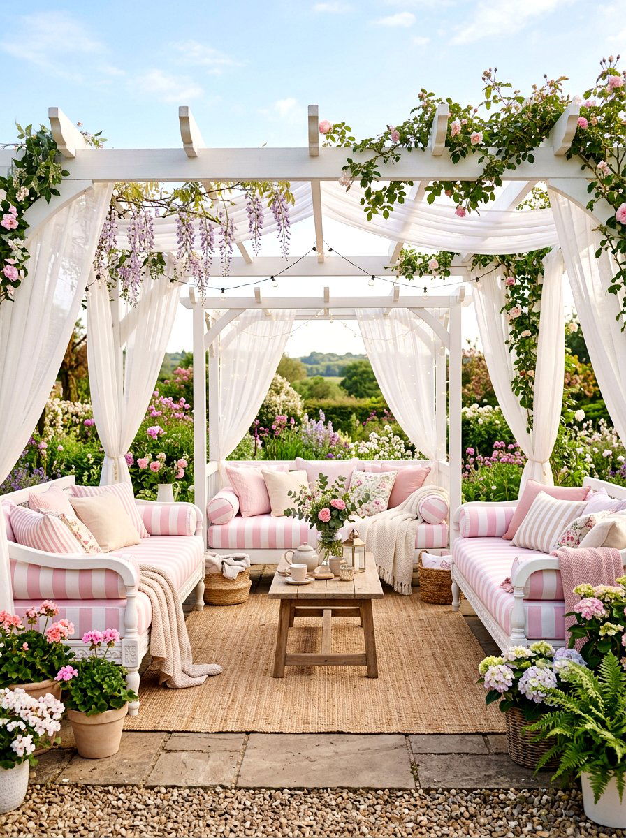 Pastel Pink Striped Girls Getaway Lounge - 30 striped cabana backyard ideas