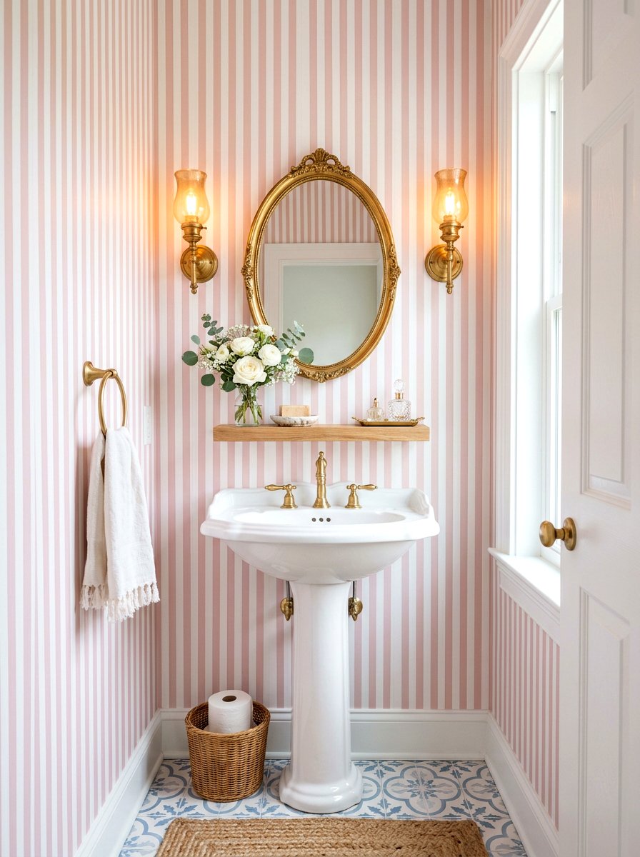 Pastel Pink Striped Powder Room - 30 striped bathroom wallpaper ideas